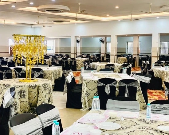 Elegant banquet hall with gold accents.